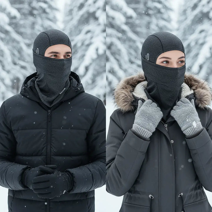 Unisex black fleece beanie for winter sports, skiing, running warmth; side view.