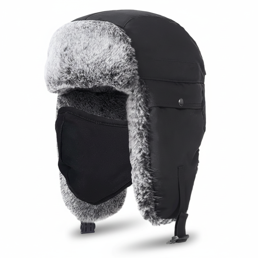 Side view of a warm black fleece winter beanie hat with ear flaps, designed for comfort and snow protection