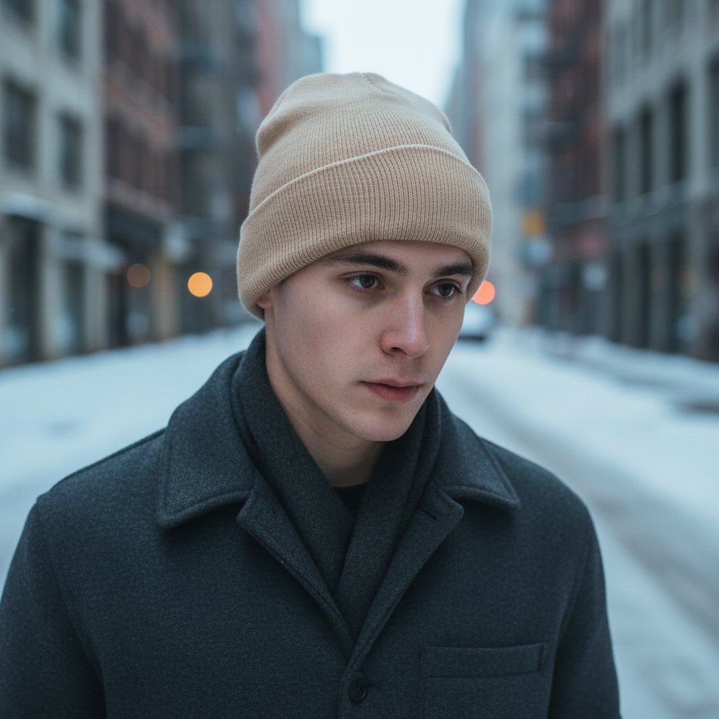 Unisex black knitted acrylic beanie, 'FrostKnit' embroidered, soft & warm winter hat for cold weather.