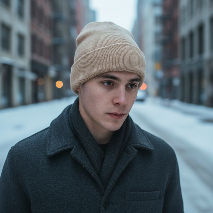 Unisex black knitted acrylic beanie, 'FrostKnit' embroidered, soft & warm winter hat for cold weather.