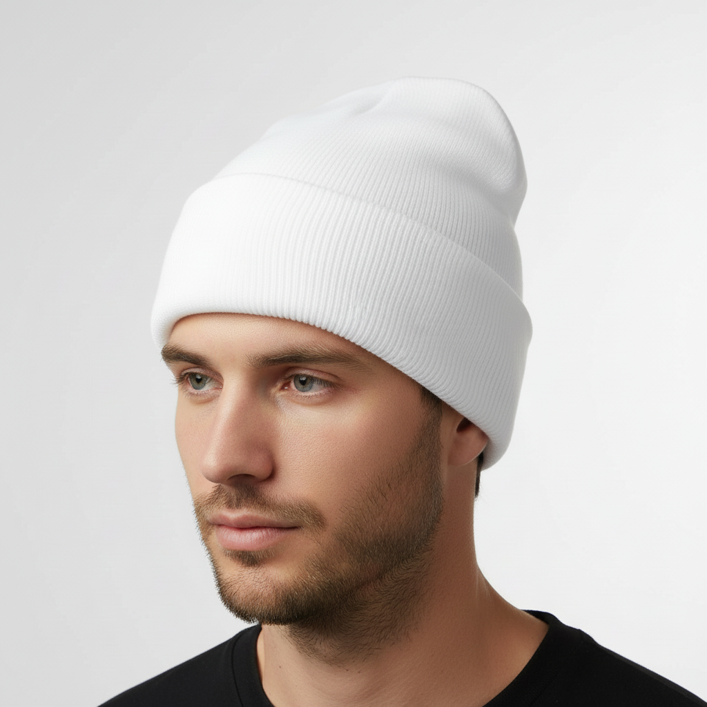 Knitted acrylic beanie hat in purple, 'FrostKnit' embroidered, a soft unisex fashion accessory.
