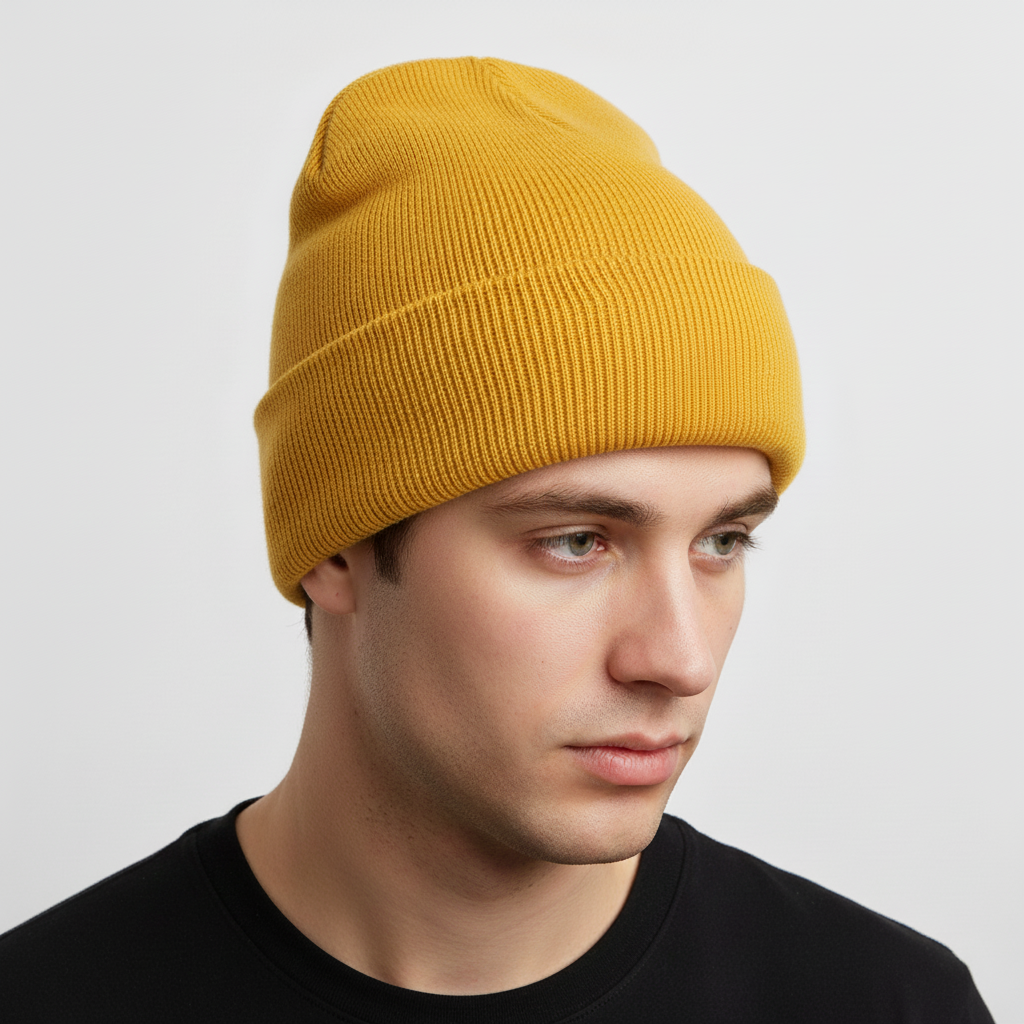 Unisex yellow knitted acrylic beanie, 'FrostKnit' embroidered, bright & warm winter headwear.