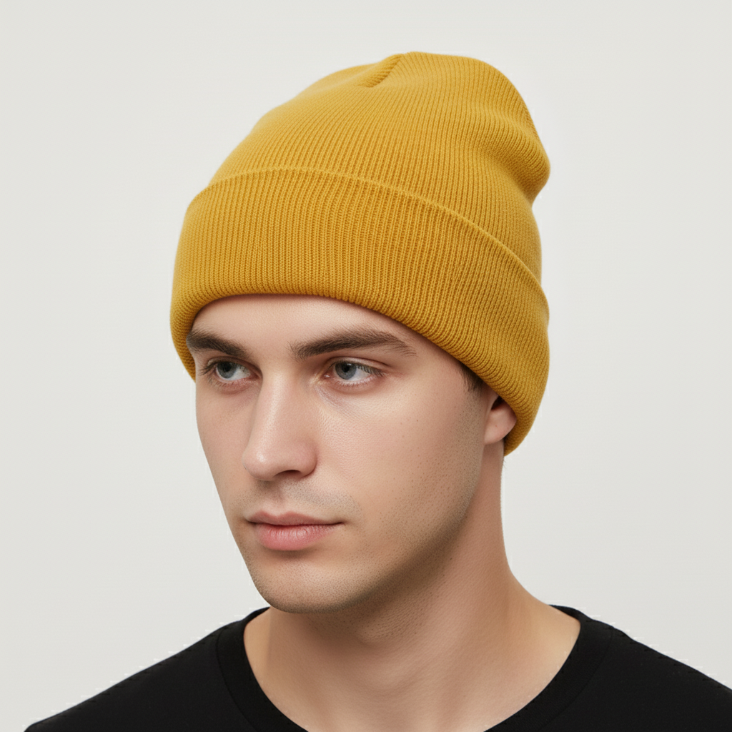 Hand holding a soft knitted acrylic beanie, 'FrostKnit' embroidered, emphasizing comfort and warmth.