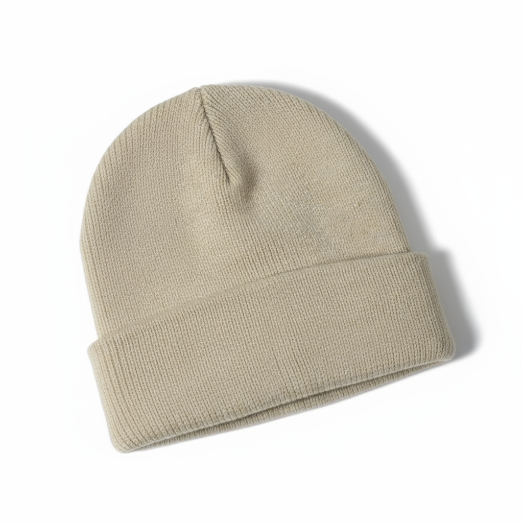 Unisex grey knitted acrylic beanie hat, 'FrostKnit' embroidered, perfect warm headwear for winter.