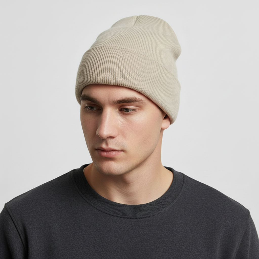 Side view of a green knitted acrylic beanie, 'FrostKnit' logo visible, warm unisex winter accessory.