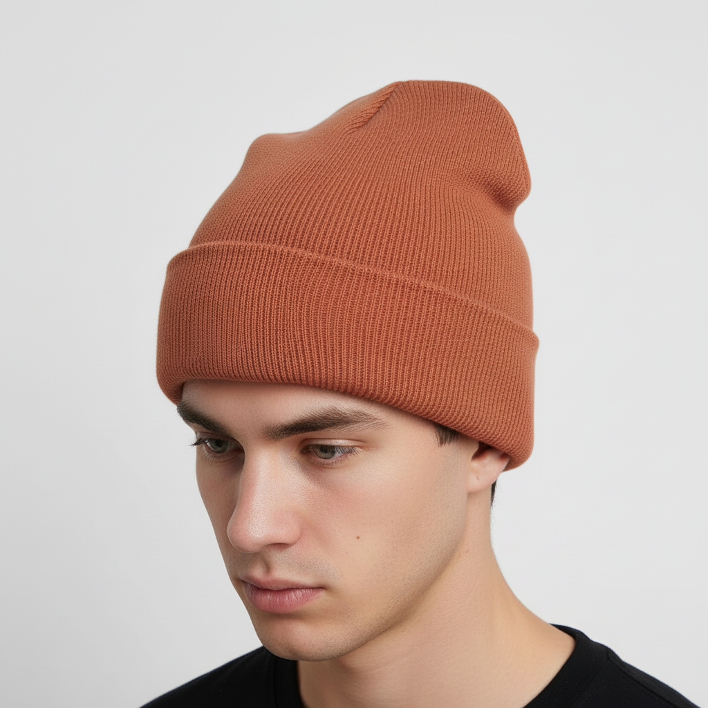 Unisex knitted acrylic beanie hat in beige, 'FrostKnit' embroidered, ideal for cold weather fashion.