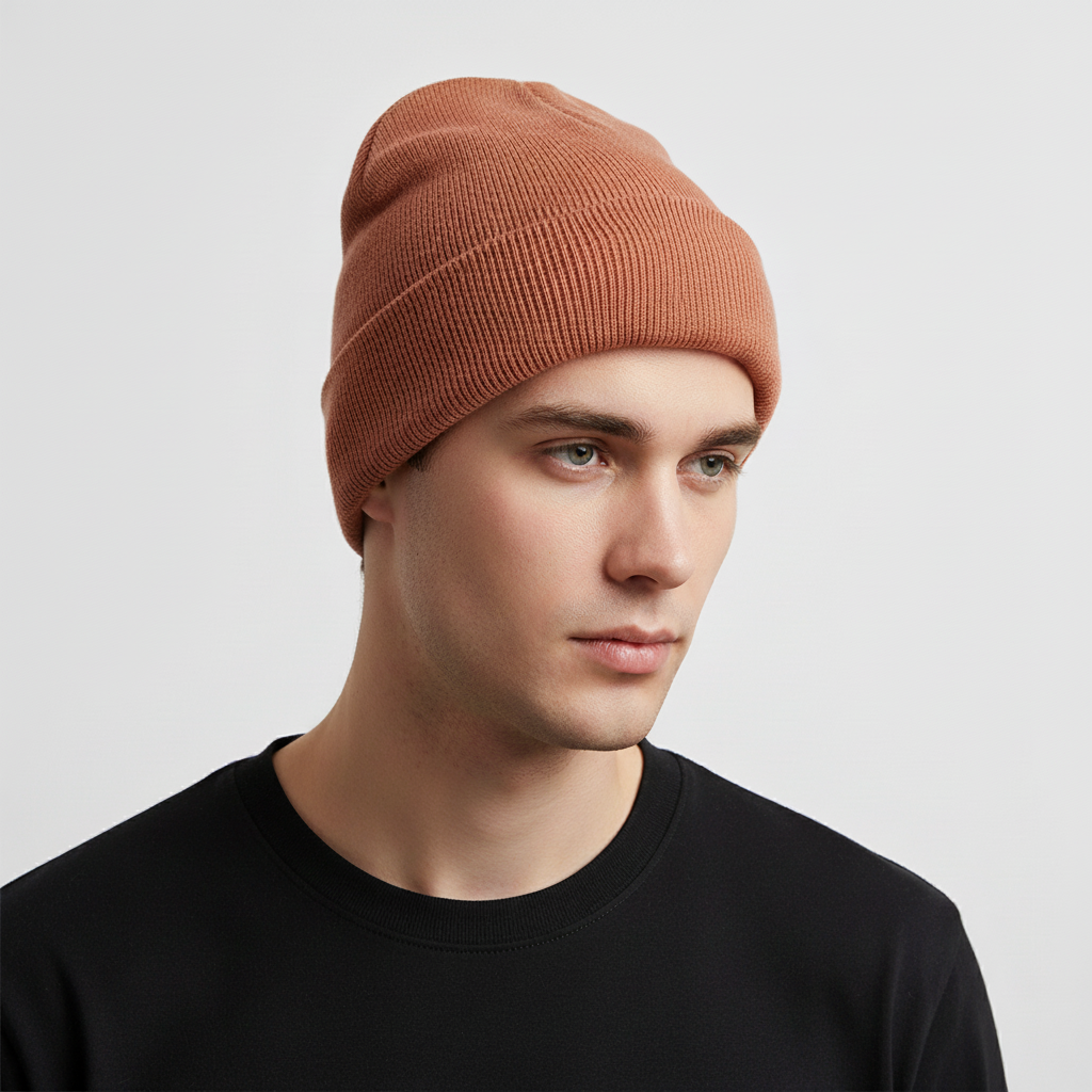 Rear view of a black knitted acrylic beanie, 'FrostKnit' embroidered, comfortable and warm headwear.