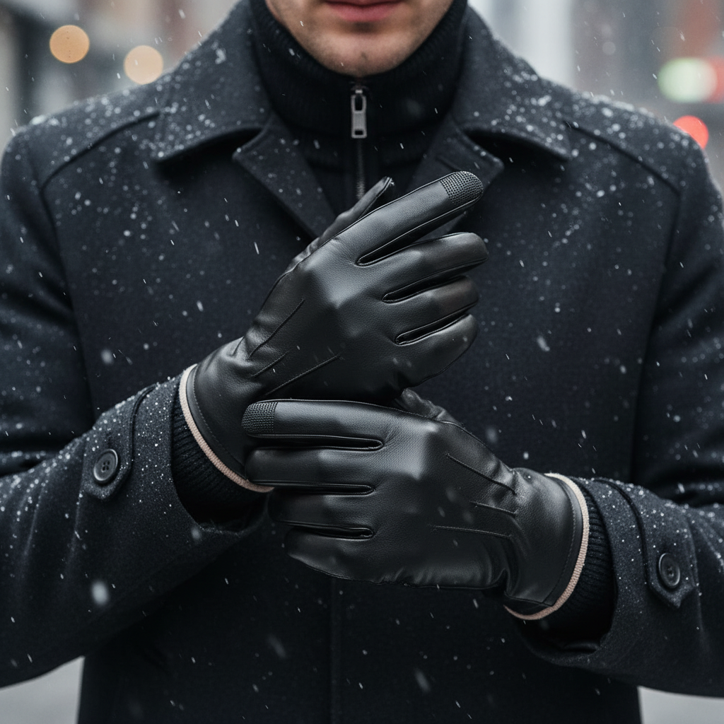 Unisex black leather touchscreen winter gloves for driving in cold weather