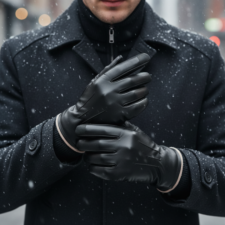 Unisex black leather touchscreen winter gloves for driving in cold weather