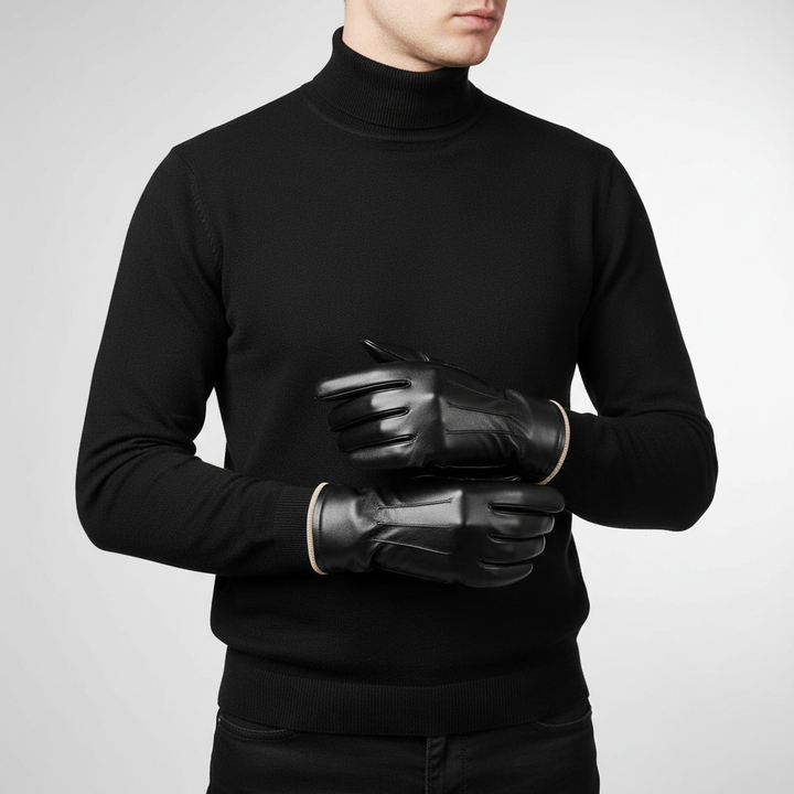 Model wearing black leather touchscreen winter gloves, showing compatibility with phone