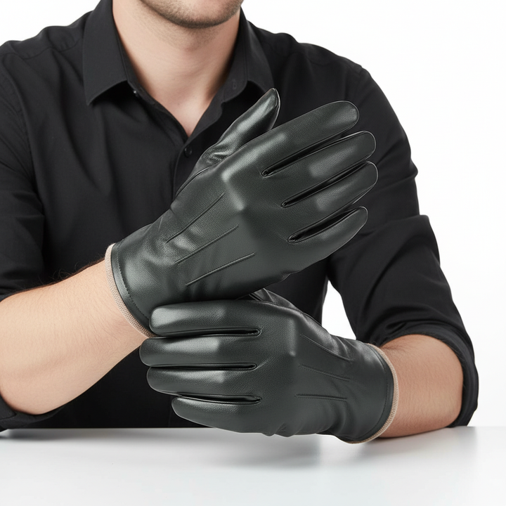 Unisex black touchscreen winter gloves laid flat, highlighting thermal and leather features