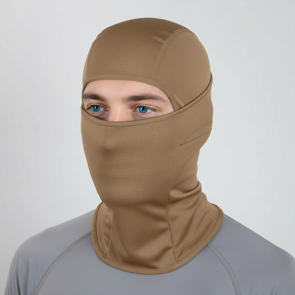 Model wearing a black WindFlex balaclava, demonstrating full head and neck coverage