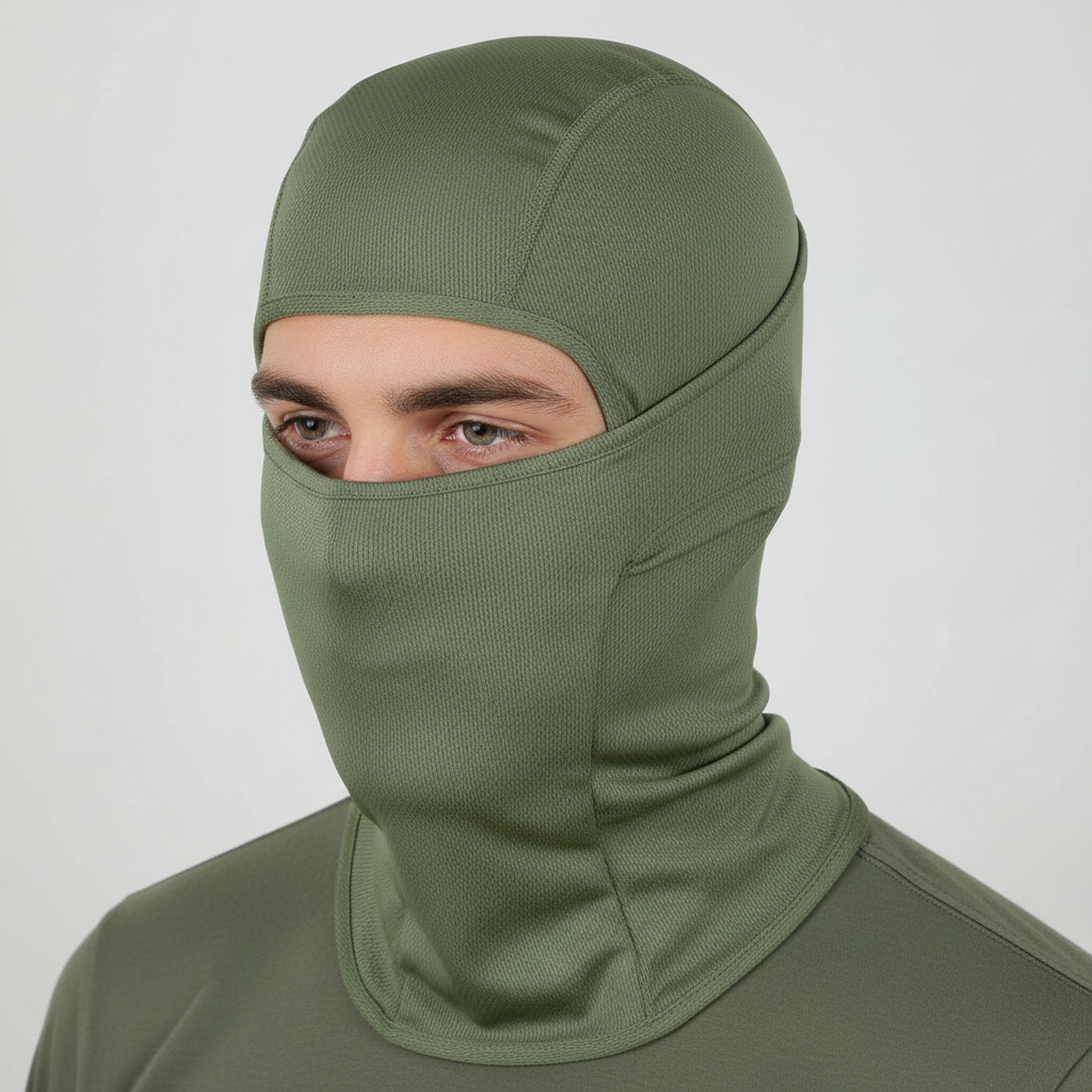Folded black balaclava, compact and ready for travel, essential windproof outdoor headwear