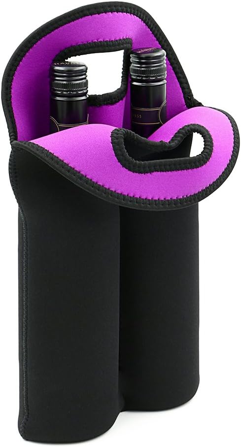 Durable neoprene wine cooler tote with handle, securing two bottles for safe travel