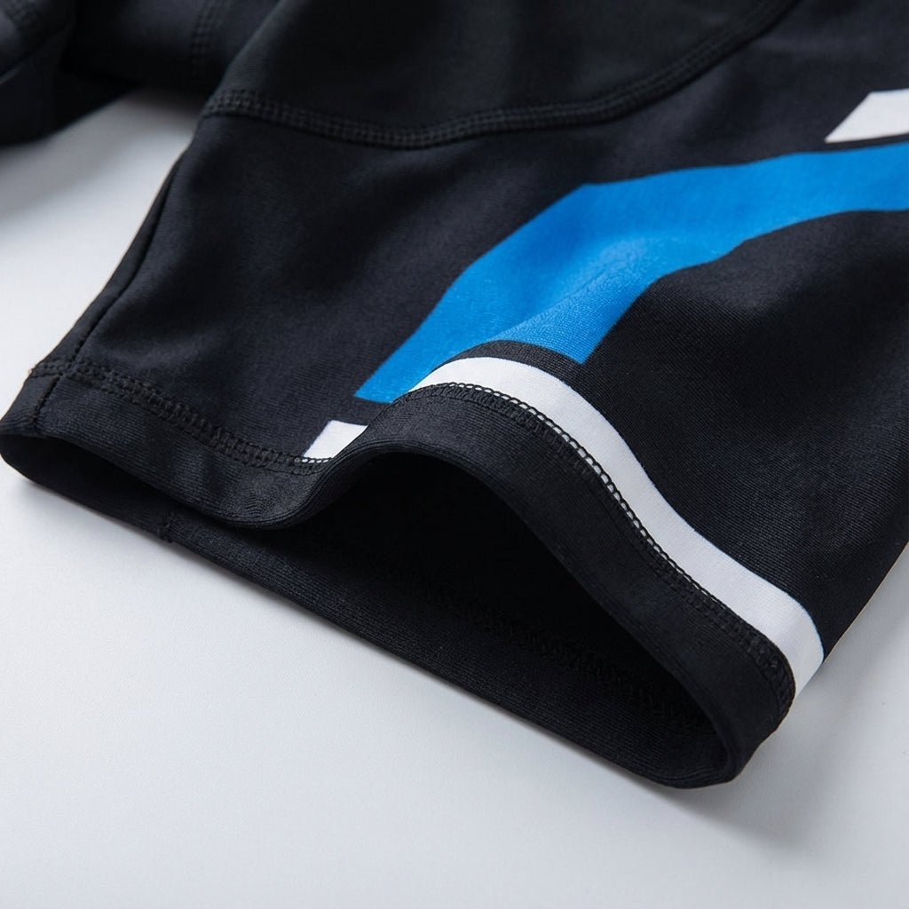 Close-up of the breathable fabric on unisex padded cycling shorts, suitable for long rides