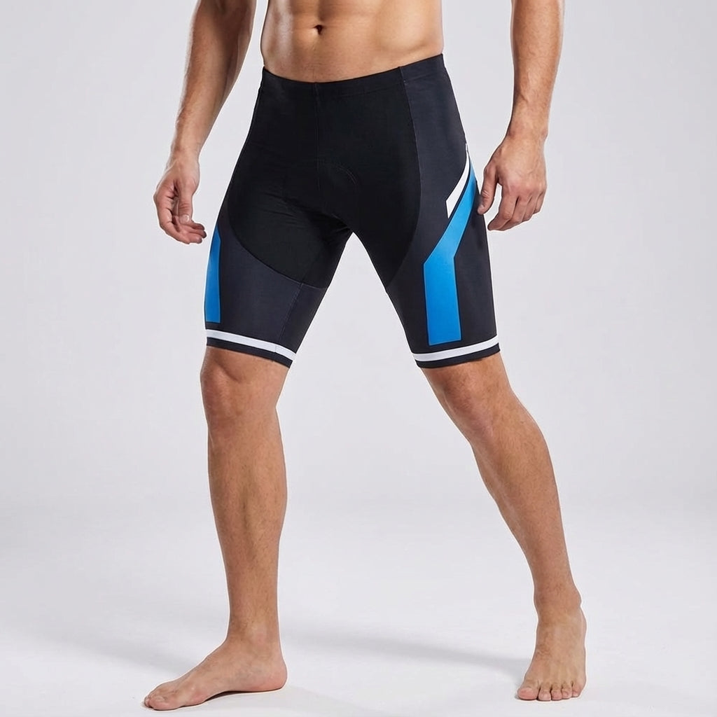 Unisex lycra cycling shorts with high-density gel padding, shown stretched for freedom of movement