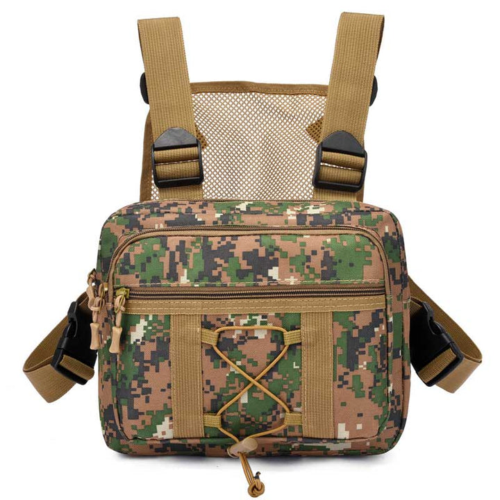 Back view of sturdy tactical chest rig, unisex outdoor gear with multi-pocket design for easy access items