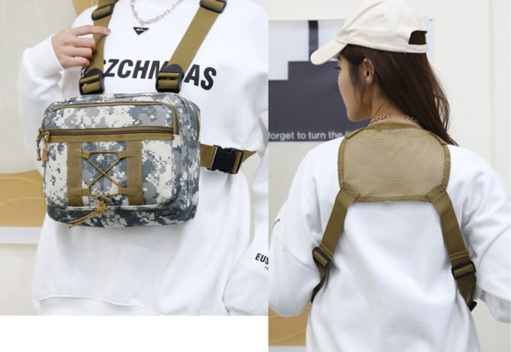 Unisex tactical chest bag in action, functional multi-pocket design, perfect outdoor gear for various adventures
