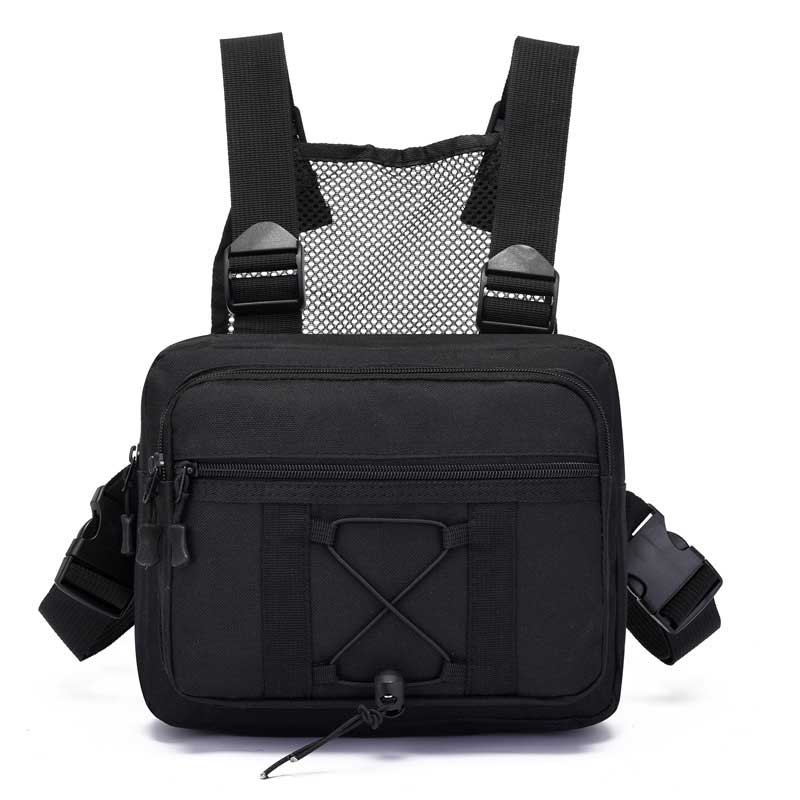 Tactical chest bag, black, multi-pocket, durable and water-resistant for hiking, airsoft, and adventure travel
