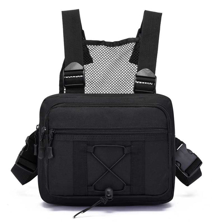 Tactical chest bag, black, multi-pocket, durable and water-resistant for hiking, airsoft, and adventure travel