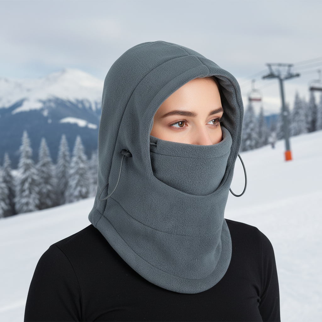 Unisex black thermal fleece hood with integrated face mask, perfect for extreme cold weather outdoor activities.