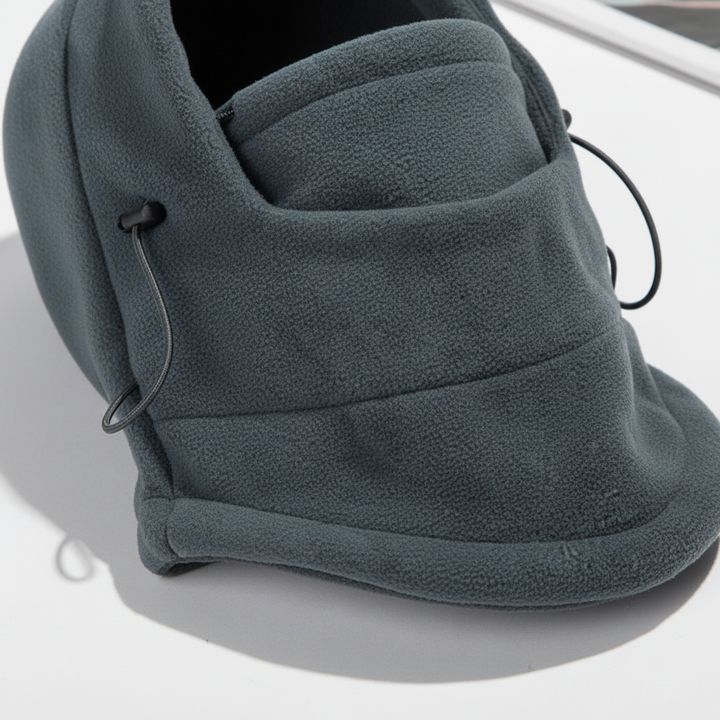 Close-up of a unisex thermal fleece hood with an adjustable facemask, protecting against cold during winter sports.