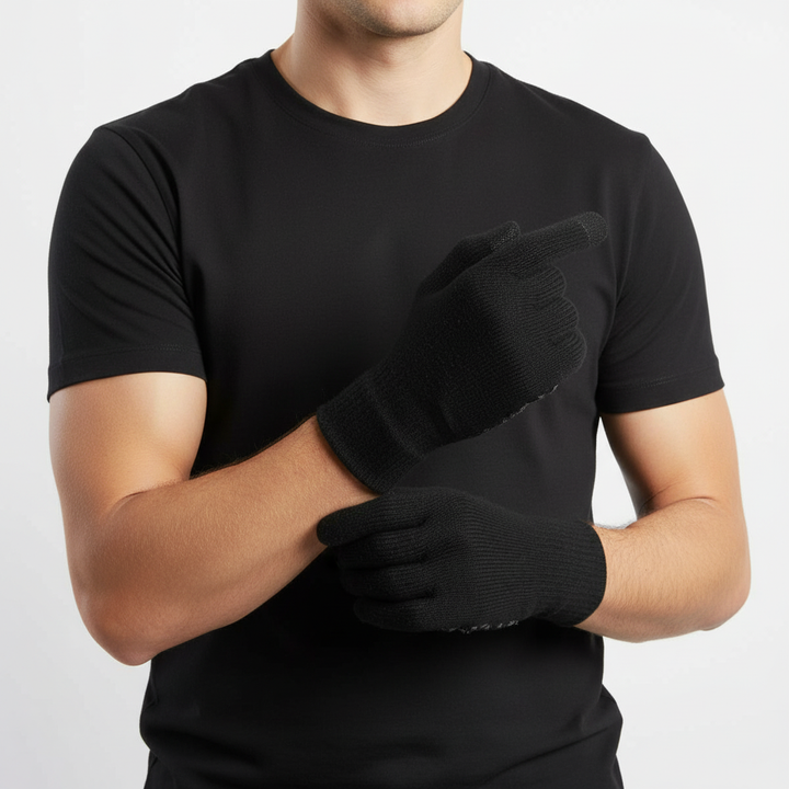 Anti-slip grip detail on unisex knitted touchscreen winter gloves