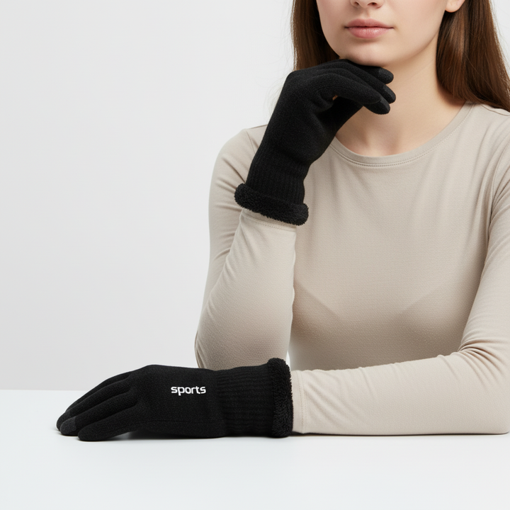 Warm thermal touchscreen gloves in black, unisex design with soft fleece lining for everyday wear.