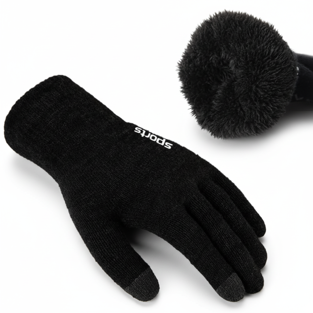 Close-up of touchscreen compatible fingertips on black fleece-lined gloves, perfect for cold weather.