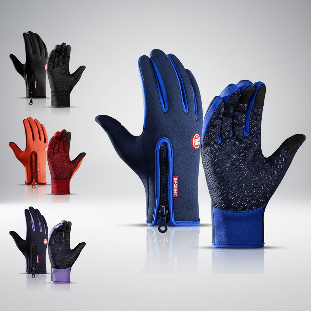 Pair of waterproof, windproof thermal gloves featuring touchscreen-compatible fingertips and enhanced grip.