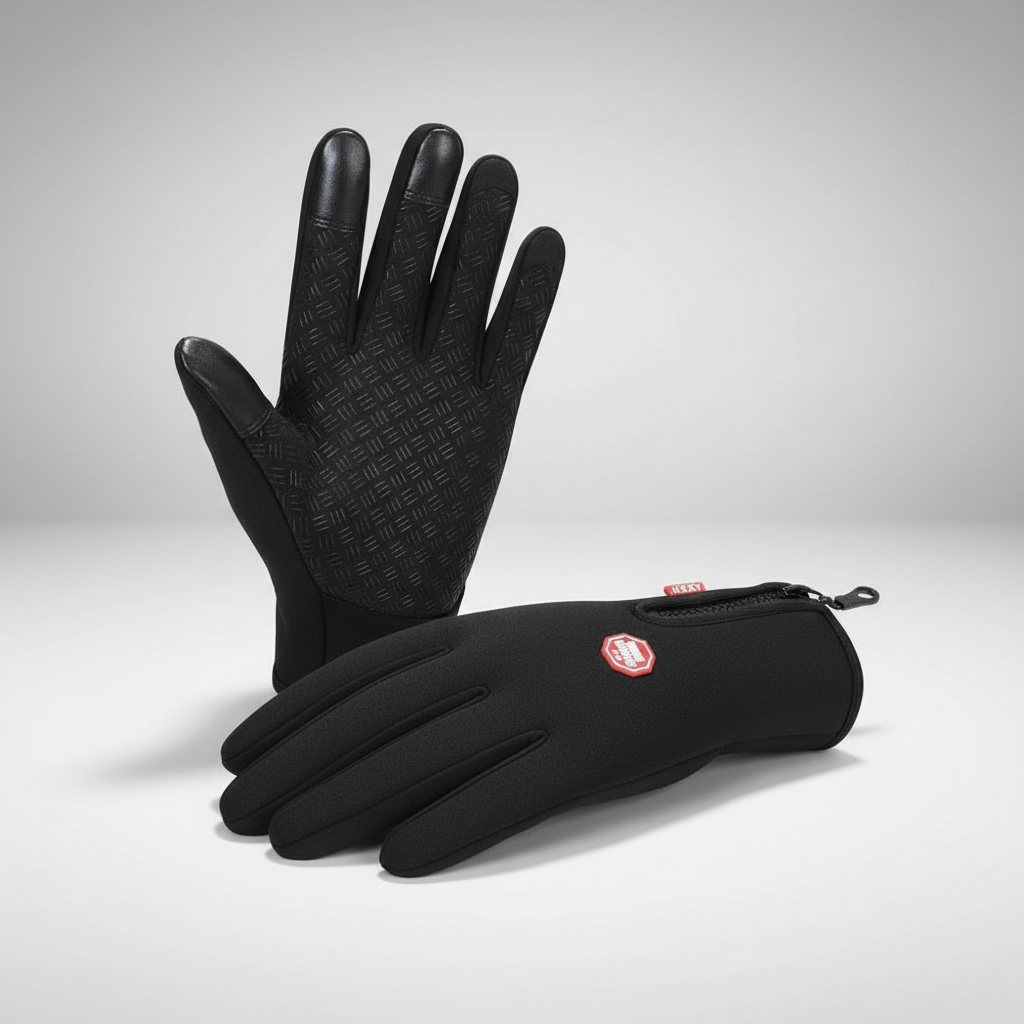 Model wearing black thermal touchscreen gloves, demonstrating flexibility and secure grip for outdoor activities.