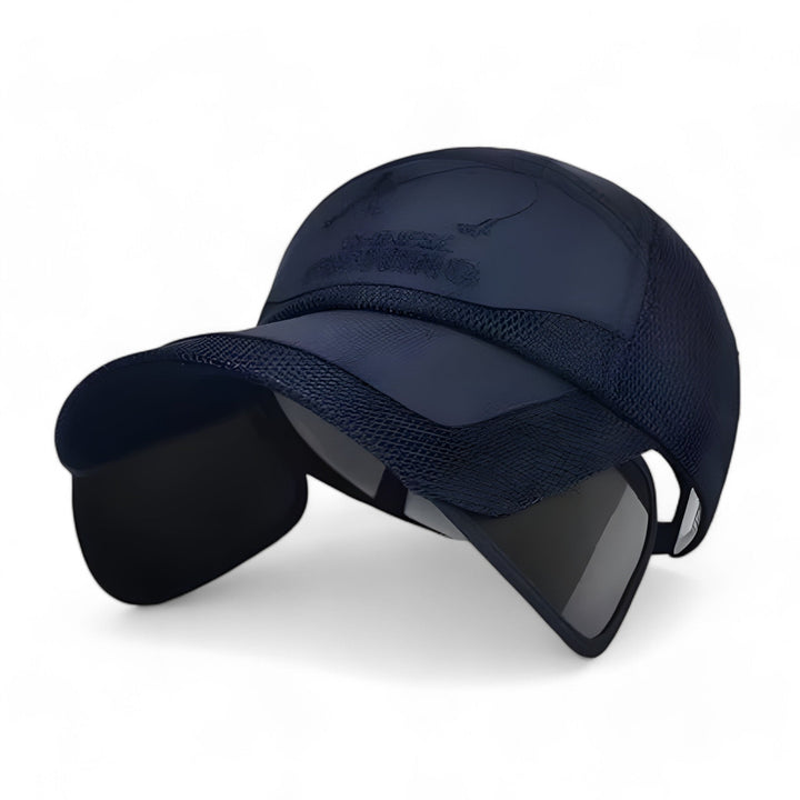 Side view of a white UV protection visor cap, showing adjustable strap for comfortable activewear.
