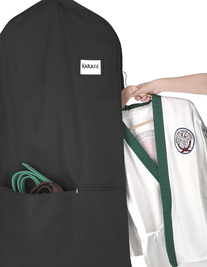 Black unisex garment bag hanging up, displaying its full length and professional appearance