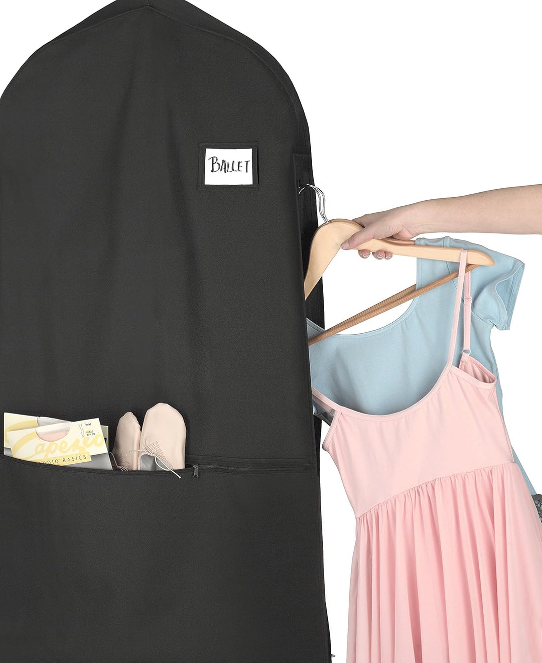 Durable waterproof garment bag, black, with shoulder strap and two carrying handles