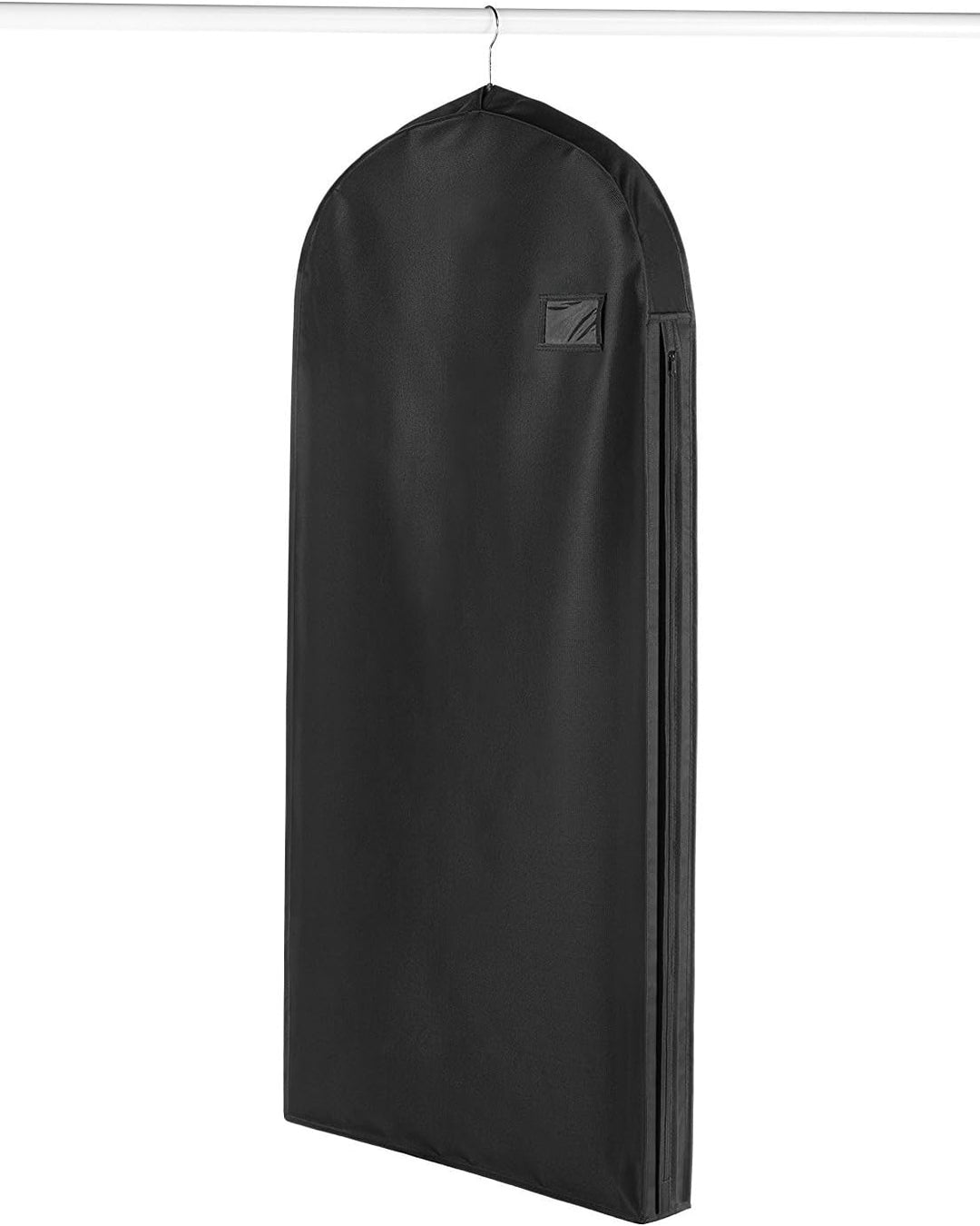 Front view of black water-repellent travel garment bag with large zippered pocket