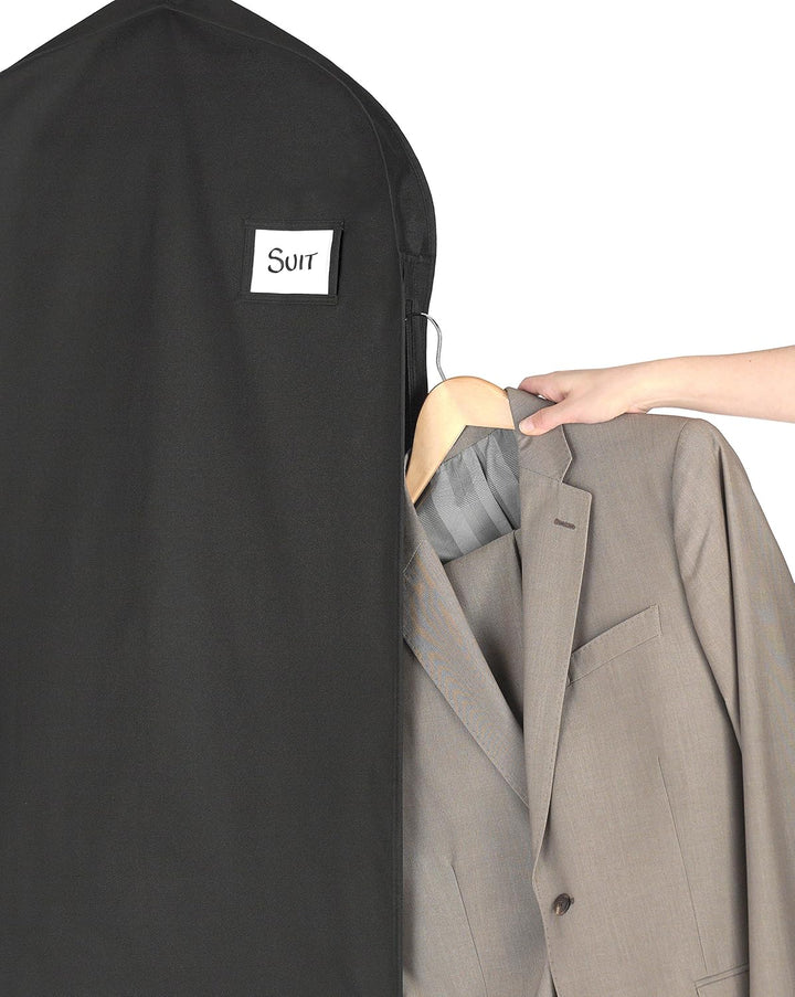 Garment bag with suit and shirts inside, demonstrating clothing storage capacity for travel