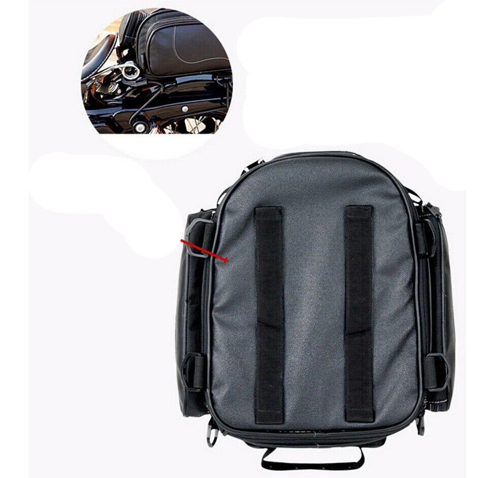 Detail of waterproof zipper on black PU leather expandable motorcycle tail bag