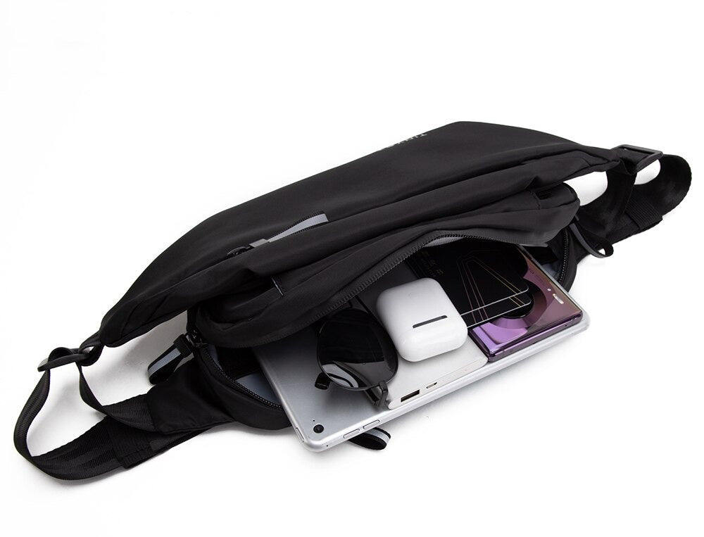 Unisex black water-resistant fanny pack for hands-free travel with multiple pockets