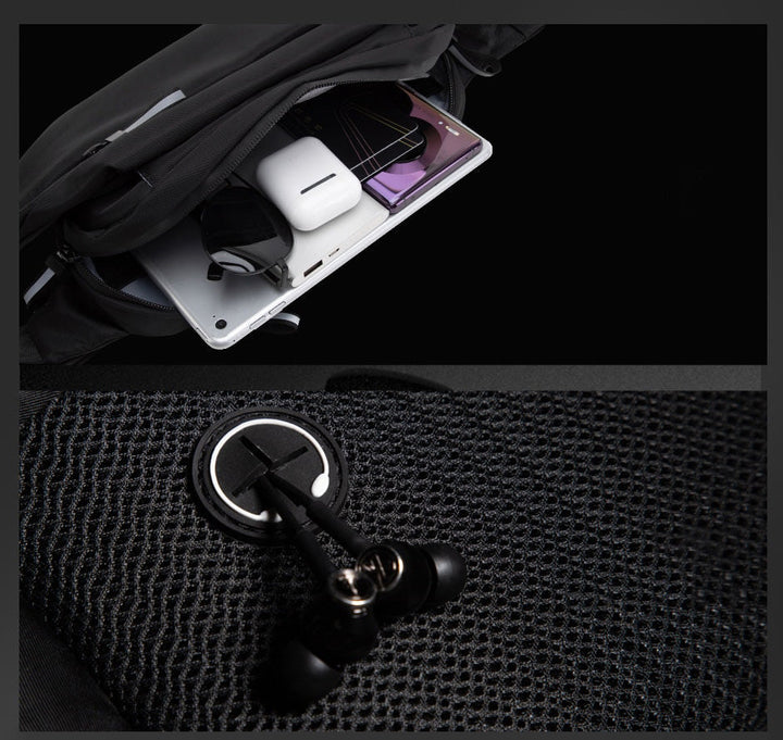 Traveler wearing a black unisex water-resistant fanny pack as a waist bag for essentials