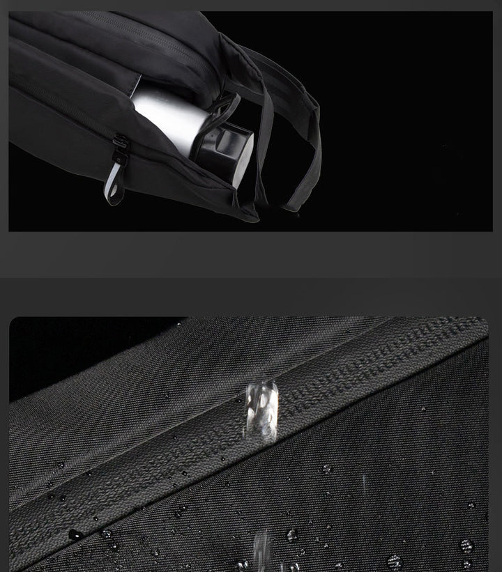 Unisex black fanny pack displayed open, revealing multiple interior pockets for organization during travel