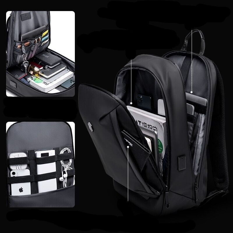 Large capacity unisex travel backpack in black, featuring water-resistant material