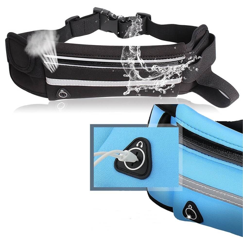 Black water-resistant running belt laid flat, showcasing its minimalist and functional design.