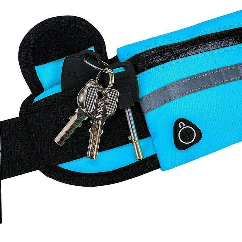 Running belt with reflective accents on a black water-resistant fabric for night visibility.