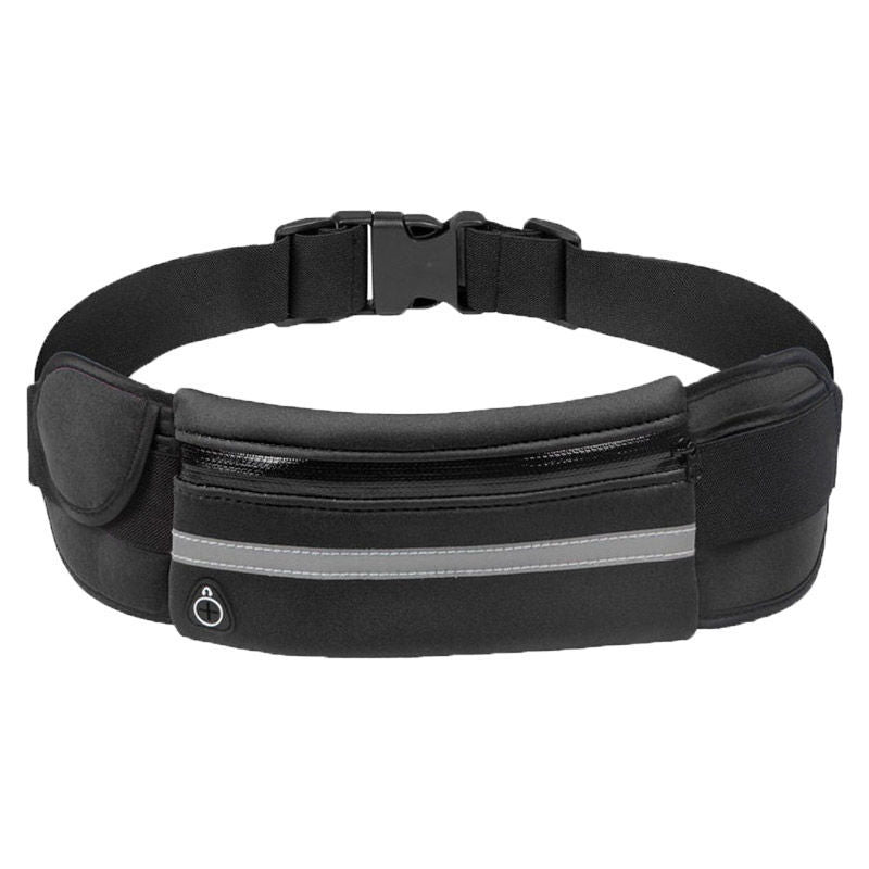 Detail of the secure zipper on the black water-resistant running belt, protecting contents.