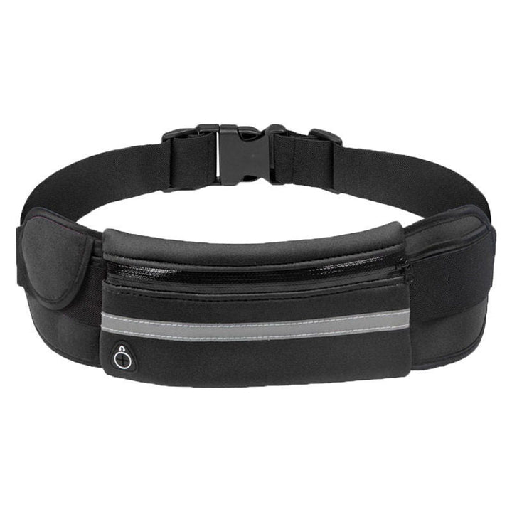 Detail of the secure zipper on the black water-resistant running belt, protecting contents.