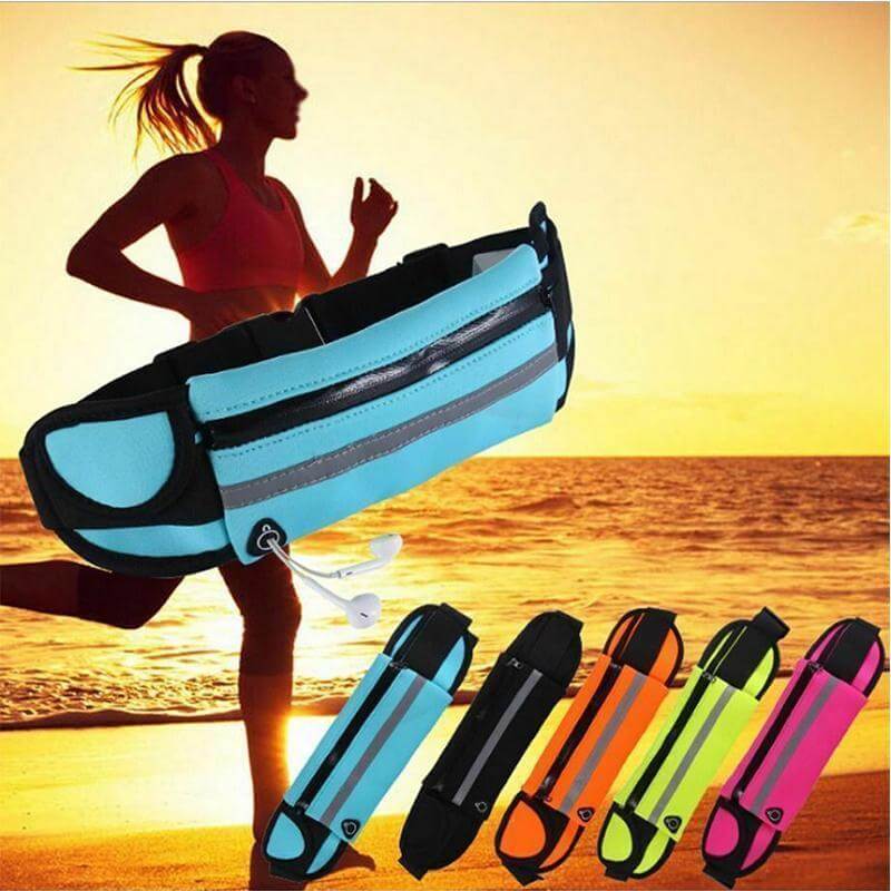 Fitness accessory: black water-resistant running belt for phone and essentials, unisex design.