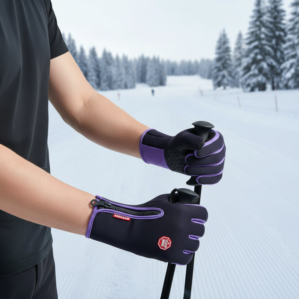 Unisex black waterproof touchscreen winter gloves with zipper, ideal for cold weather sports