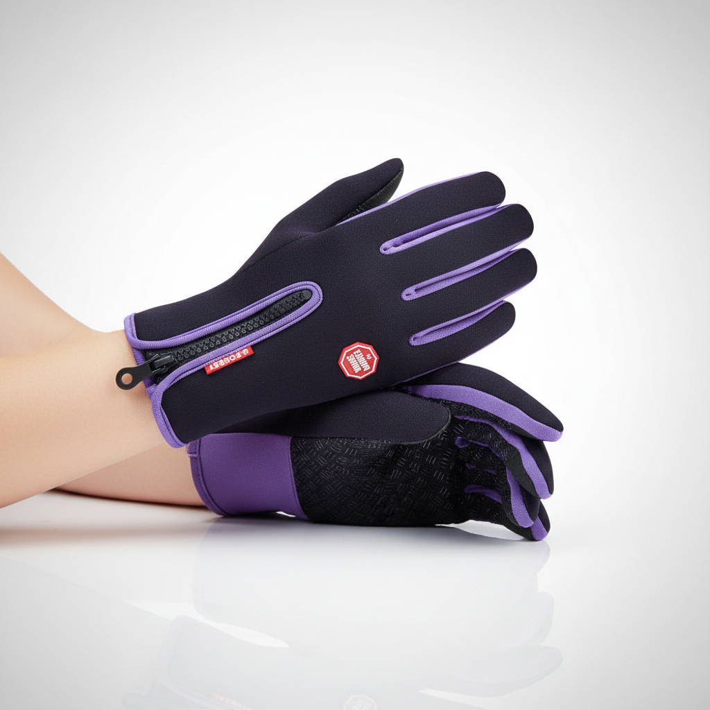 Close-up of waterproof zipper on unisex winter gloves, designed for outdoor cycling and touchscreen use