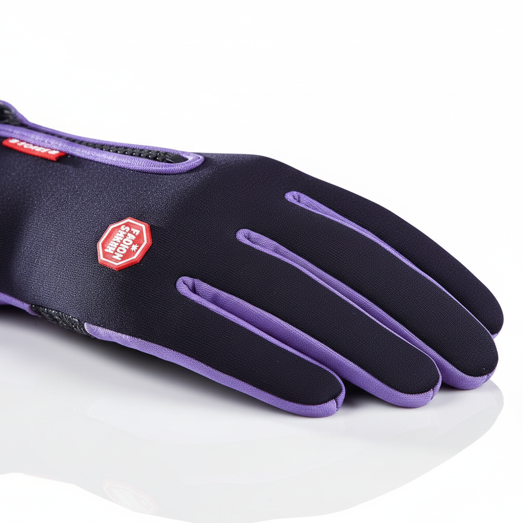 Pair of black touchscreen winter gloves with reflective logo, perfect for cold weather activities