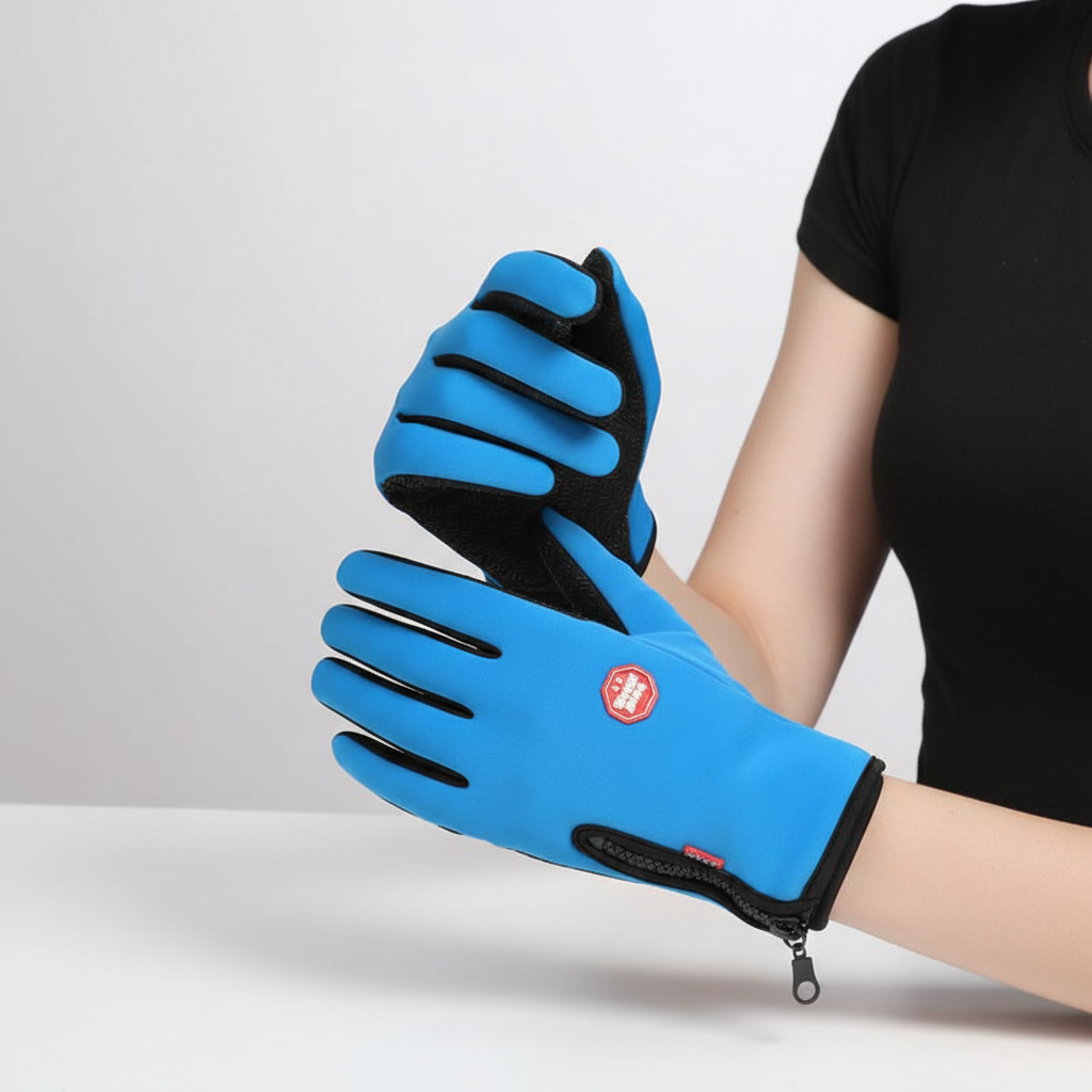 Back of hand view of unisex waterproof touchscreen gloves, showcasing reflective accents